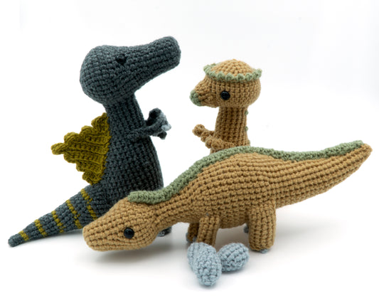 amigurumi crochet dinosaur pattern bundle with spinosaurus, pachycephalosaurus and maiasaurus