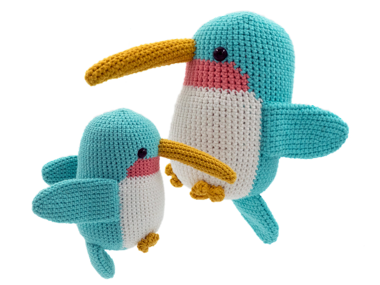 small and large amigurumi hummingbird flying in the air