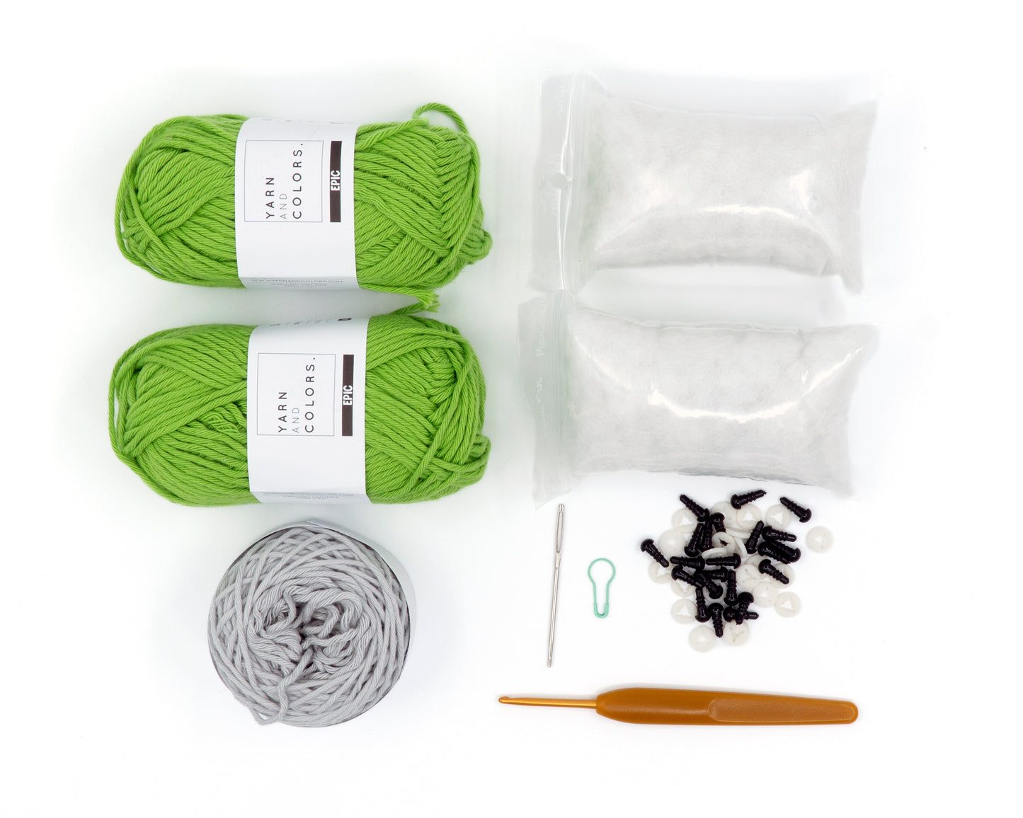 amigurumi crochet sitting frog kit close up of the contents of the kit