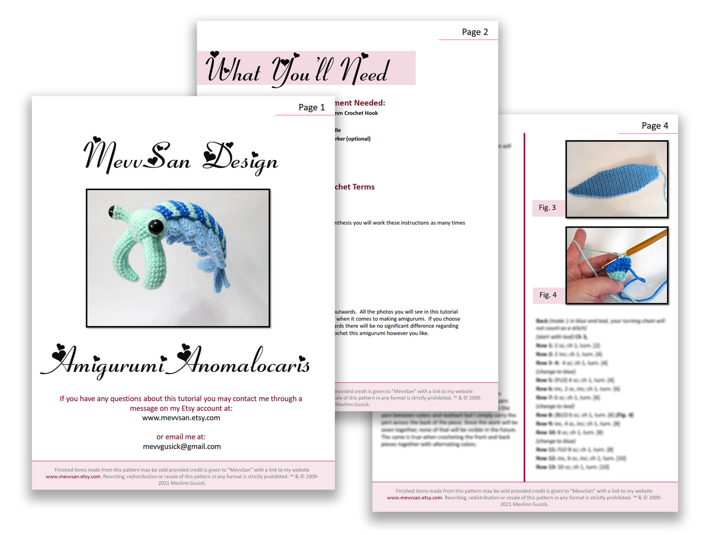 A preview of the first three pages of the PDF crochet pattern for the amigurumi anomalocaris