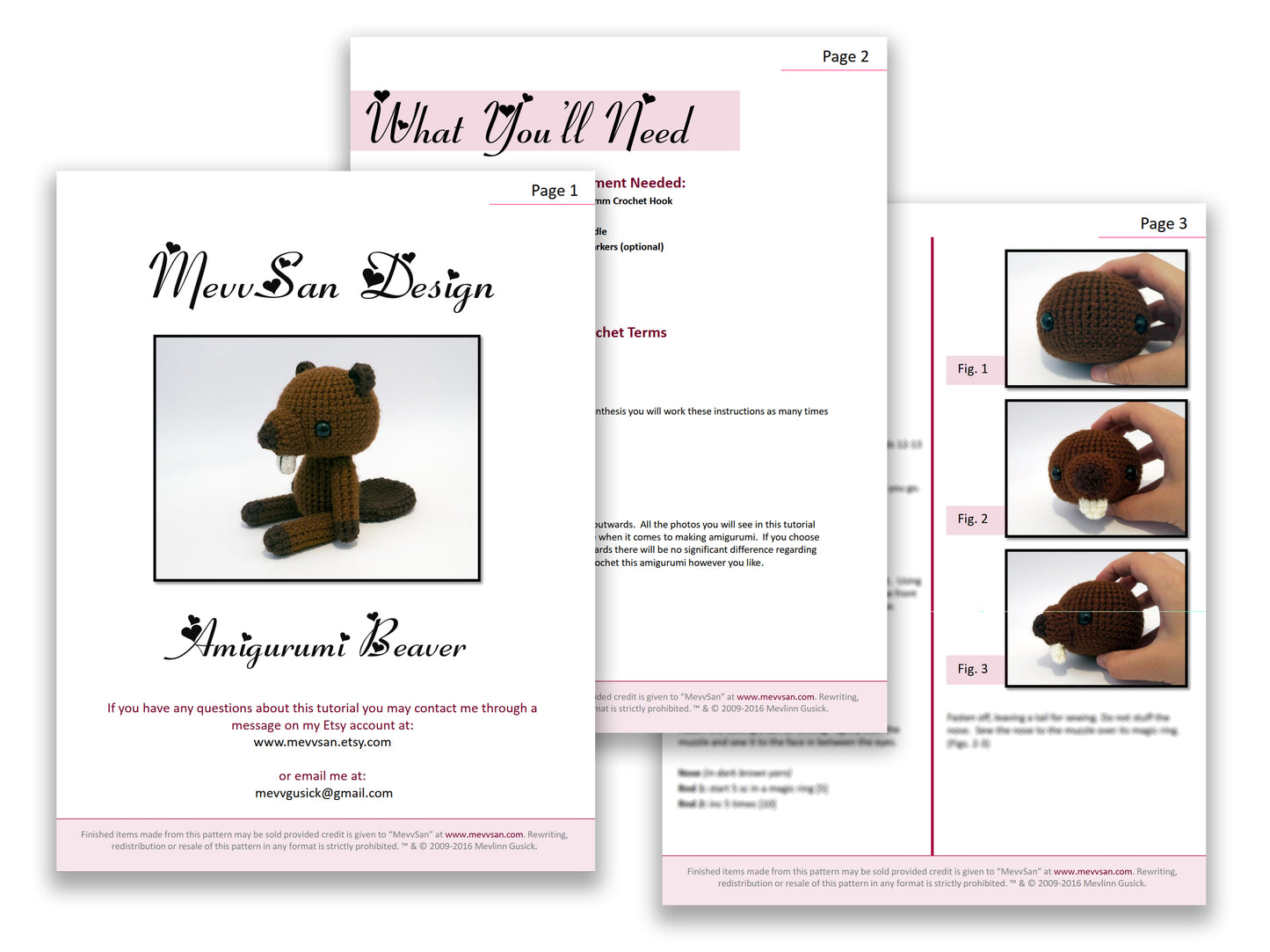 A preview of the first three pages of the PDF crochet pattern for the amigurumi beaver