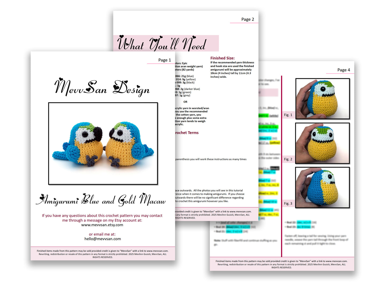 A preview of the first three pages of the PDF crochet pattern for the amigurumi blue and gold macaw