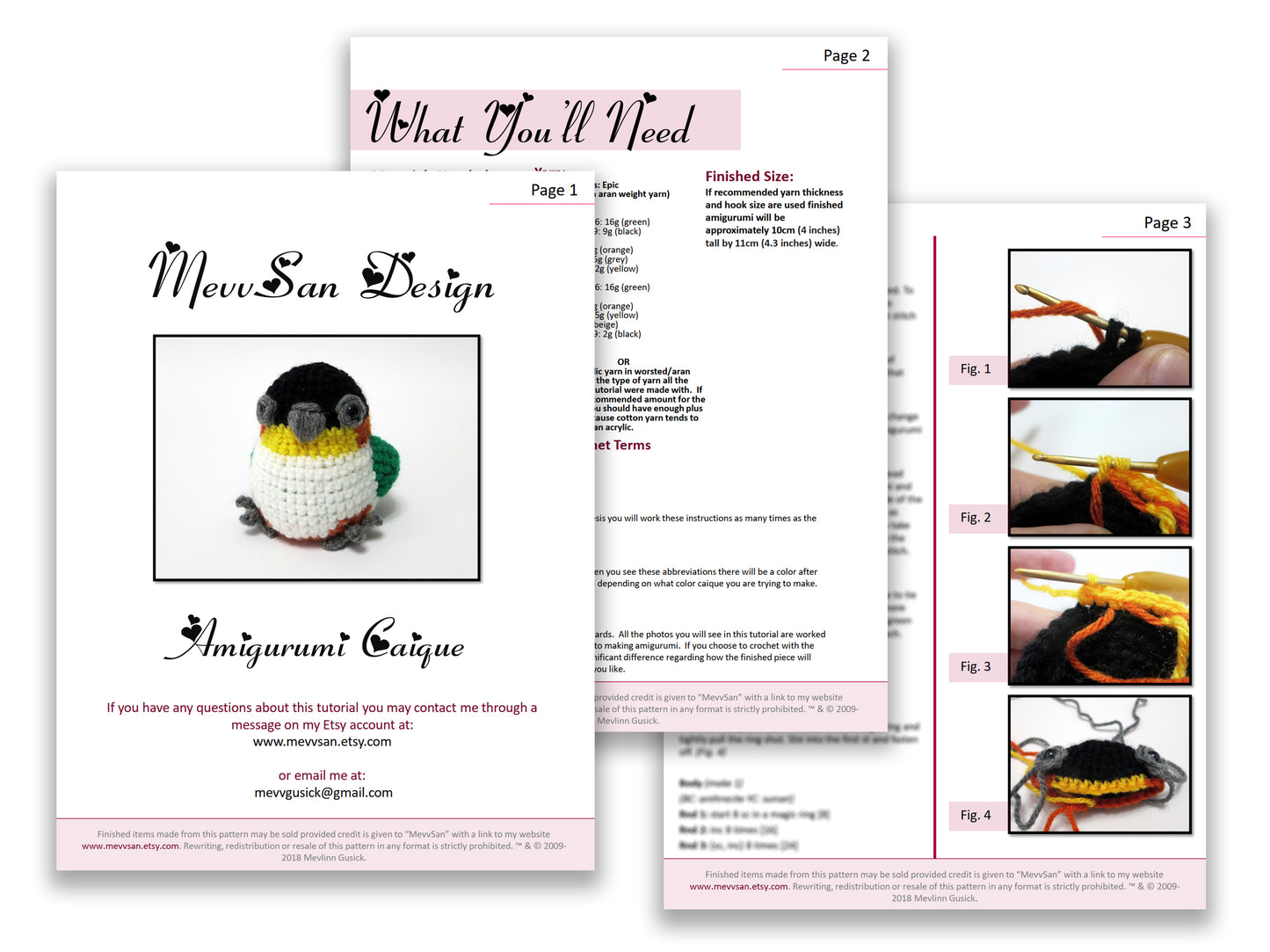 A preview of the first three pages of the PDF crochet pattern for the amigurumi caique