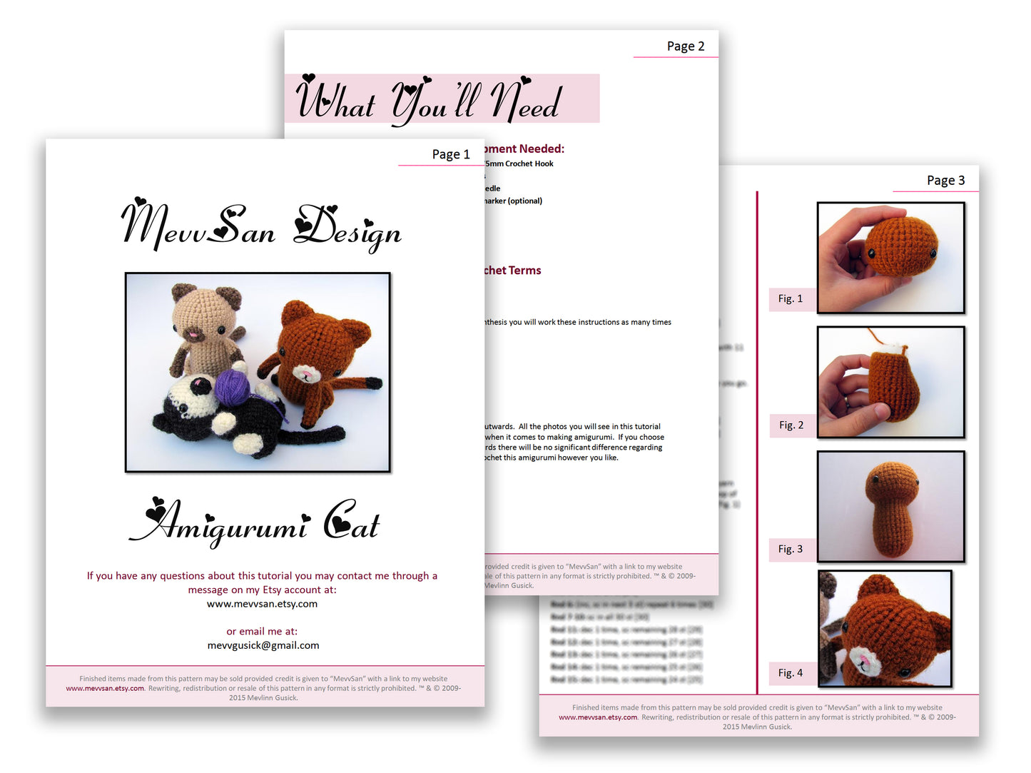 A preview of the first three pages of the PDF crochet pattern for the amigurumi cat