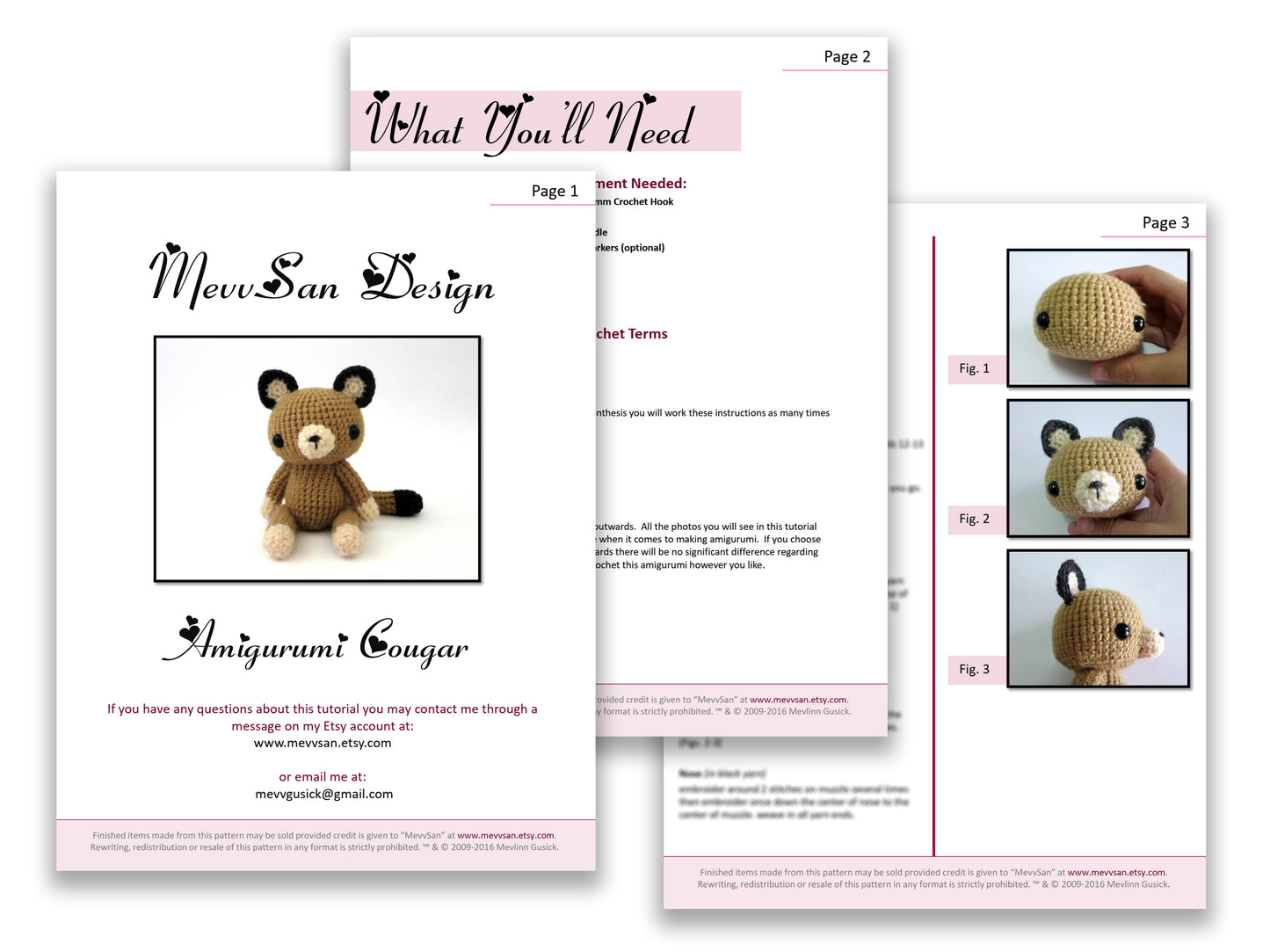 A preview of the first three pages of the PDF crochet pattern for the amigurumi cougar