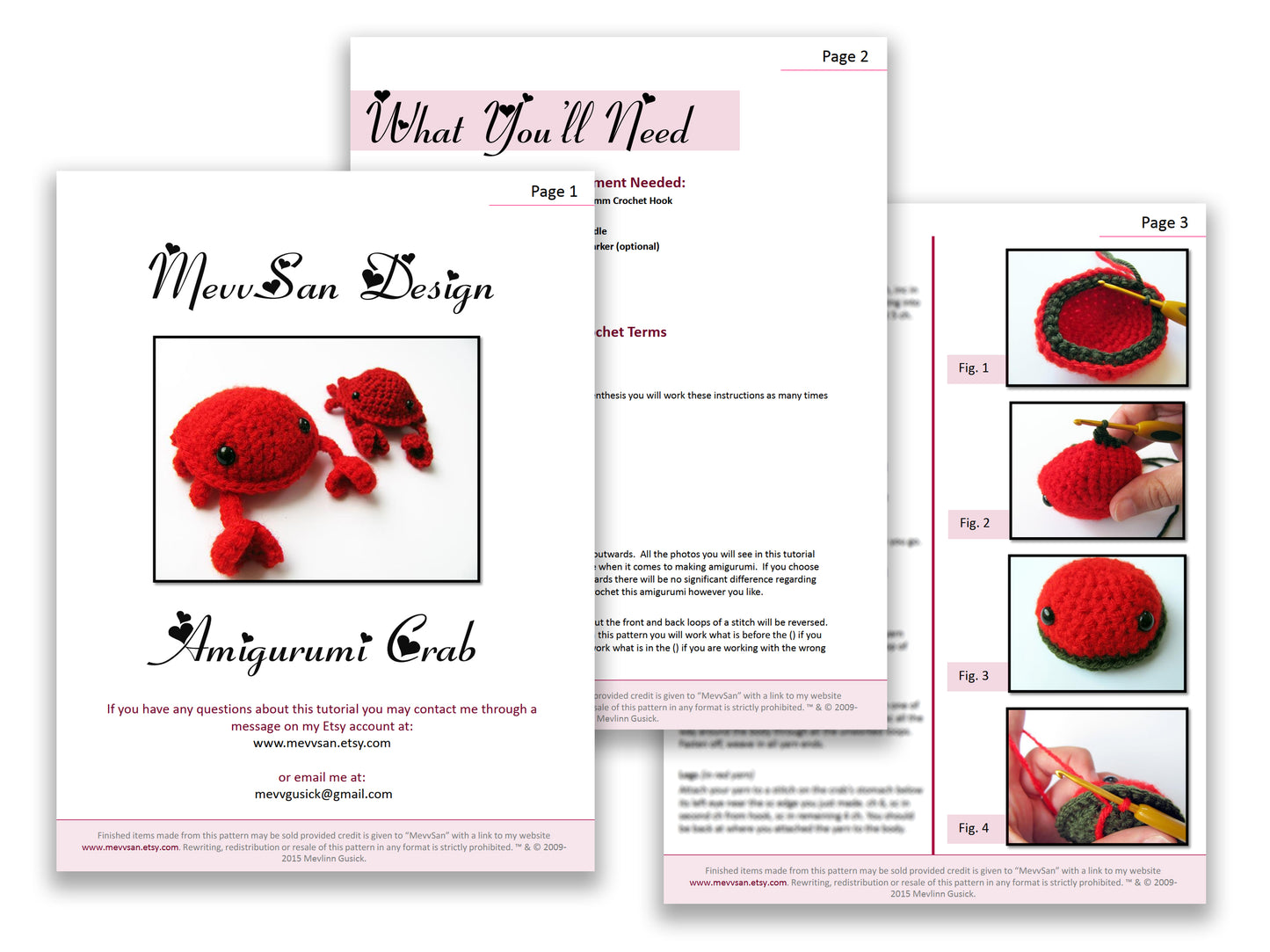 A preview of the first three pages of the PDF crochet pattern for the amigurumi crab