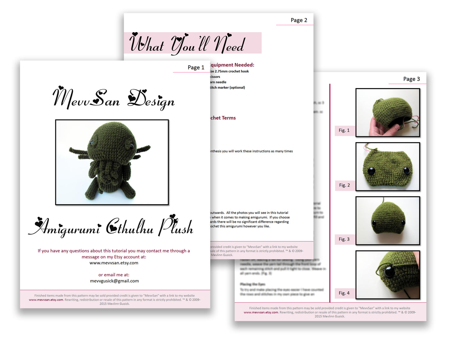 A preview of the first three pages of the PDF crochet pattern for the amigurumi cthulhu plush