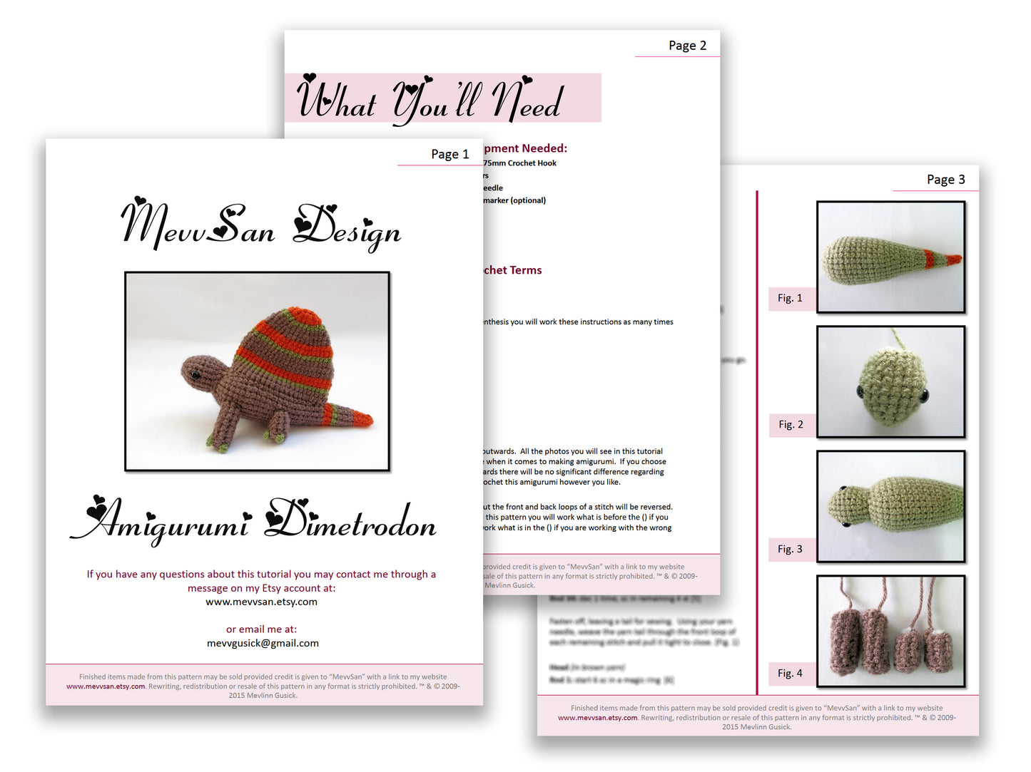 A preview of the first three pages of the PDF crochet pattern for the amigurumi dimetrodon dinosaur