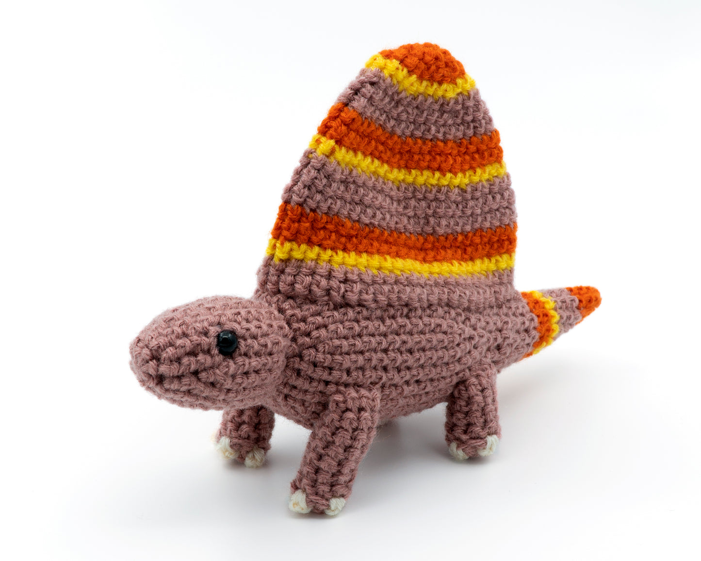 amigurumi crochet dimetrodon dinosaur pattern with stripes on sail fin