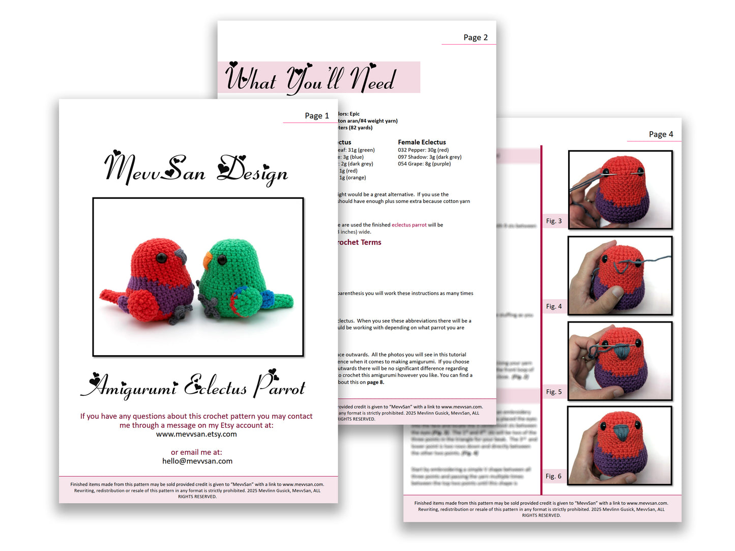A preview of the first three pages of the PDF crochet pattern for the amigurumi eclectus parrot