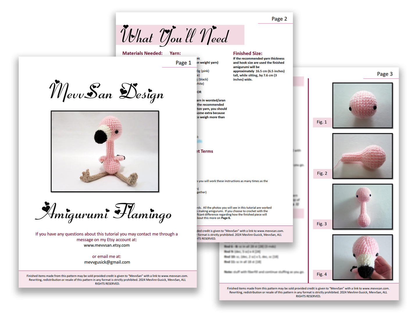 A preview of the first three pages of the PDF crochet pattern for the amigurumi flamingo