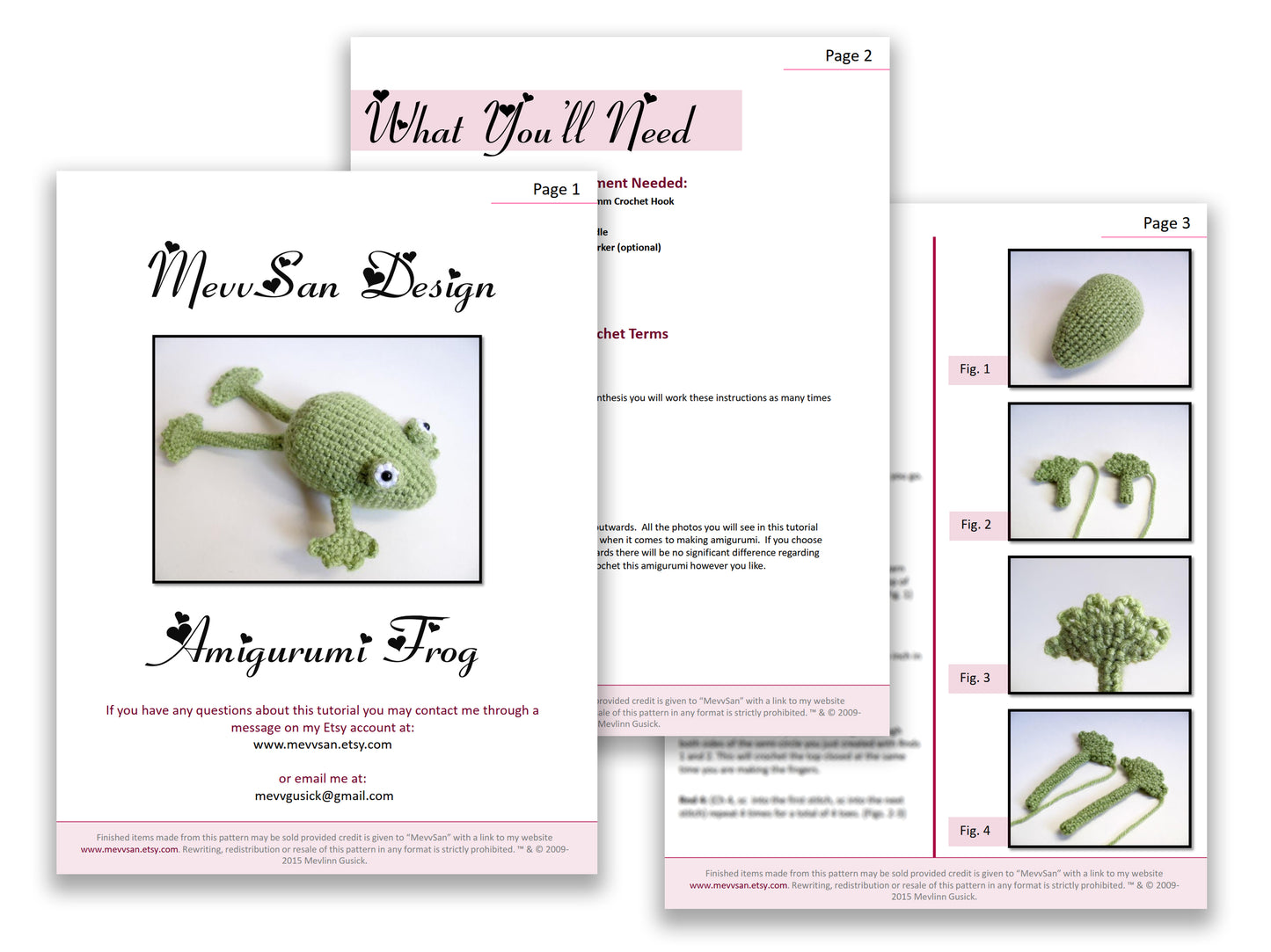 A preview of the first three pages of the PDF crochet pattern for the amigurumi frog