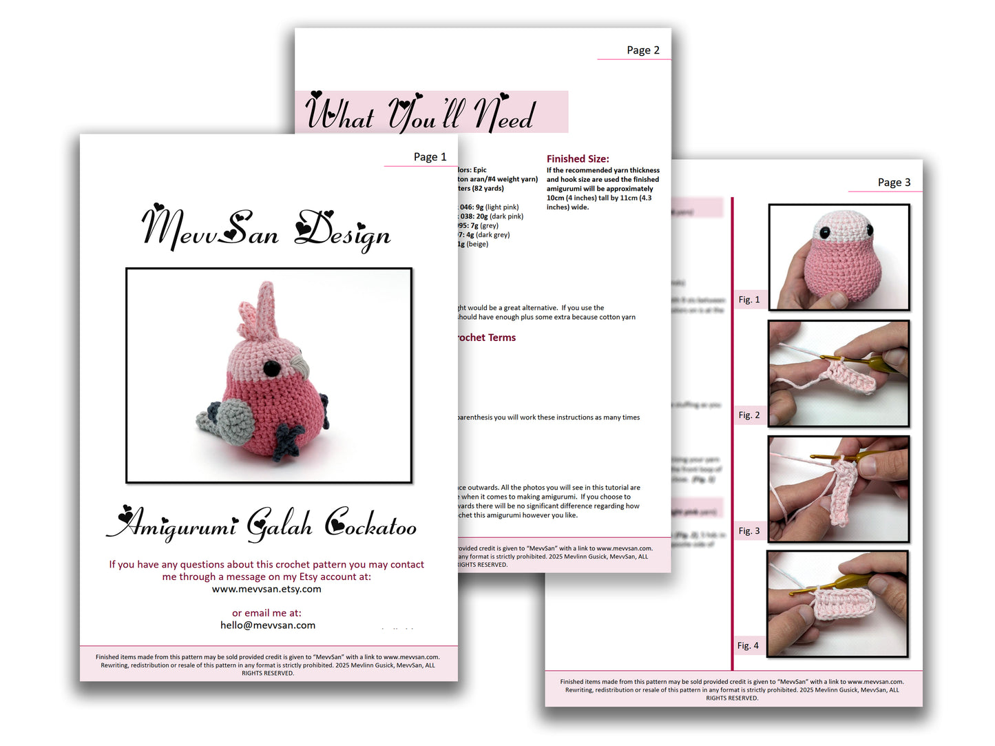 A preview of the first three pages of the PDF crochet pattern for the amigurumi galah cockatoo