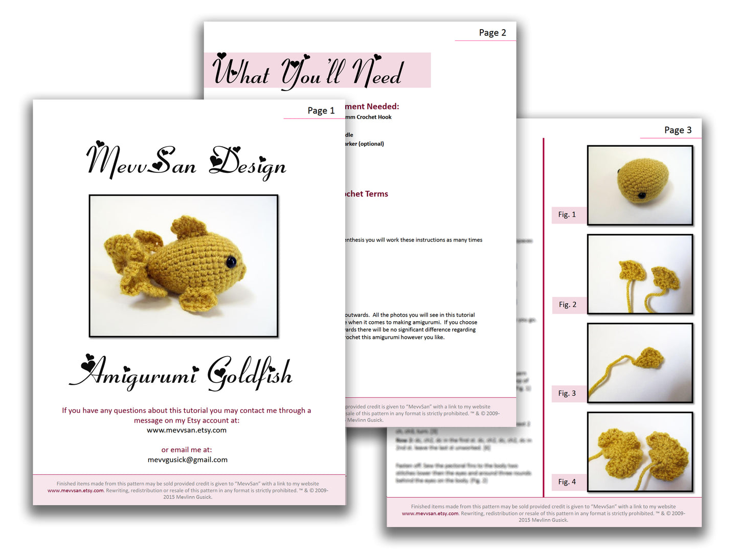 A preview of the first three pages of the PDF crochet pattern for the amigurumi goldfish