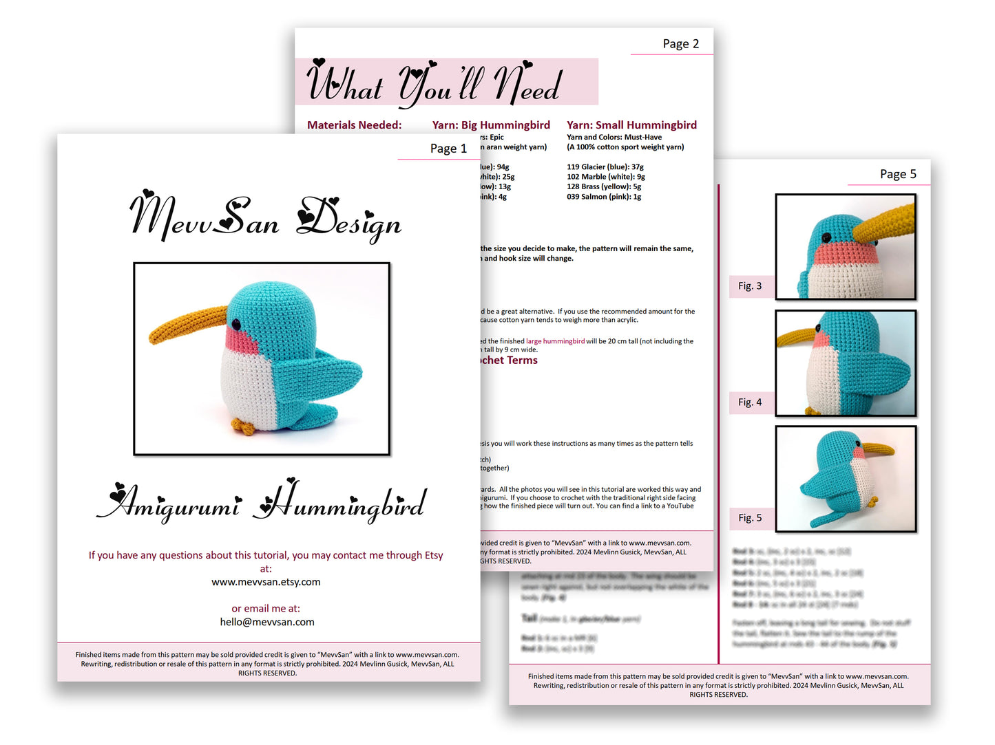 A preview of the first three pages of the PDF crochet pattern for the amigurumi hummingbird