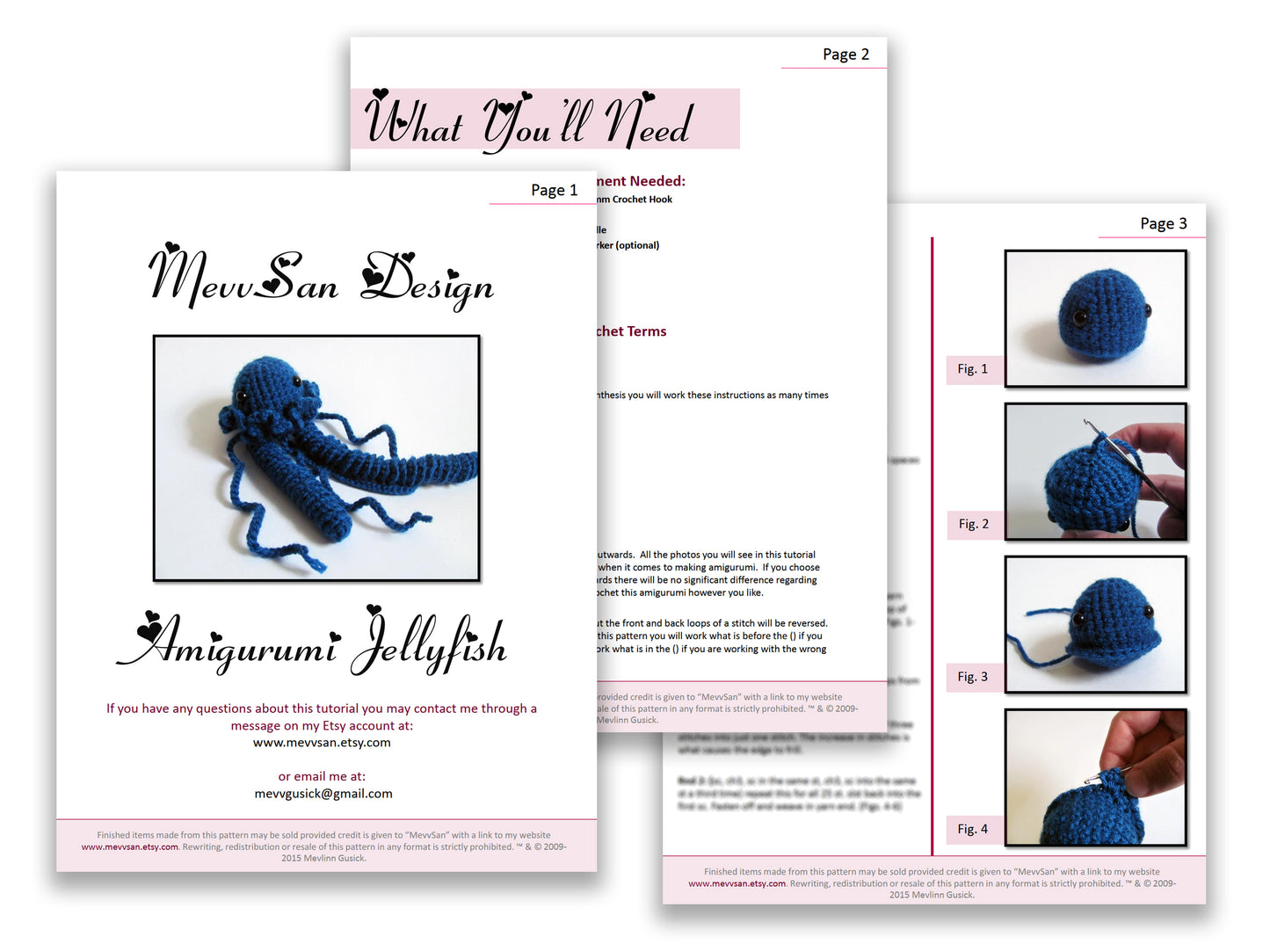 A preview of the first three pages of the PDF crochet pattern for the amigurumi jellyfish