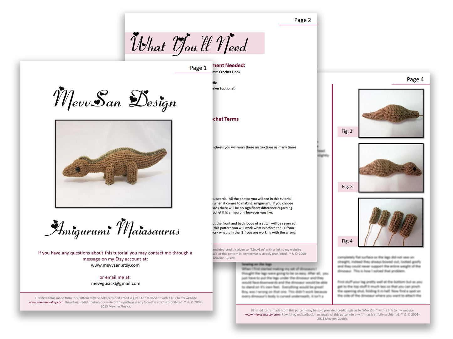 A preview of the first three pages of the PDF crochet pattern for the amigurumi maiasaurus dinosaur