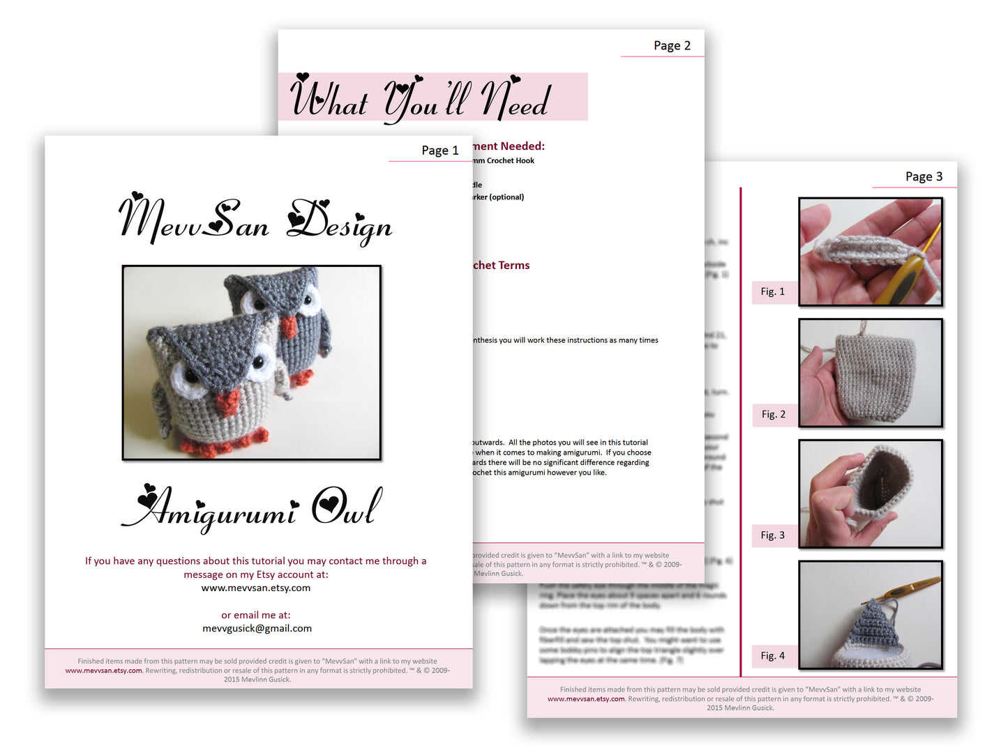 A preview of the first three pages of the PDF crochet pattern for the amigurumi owl