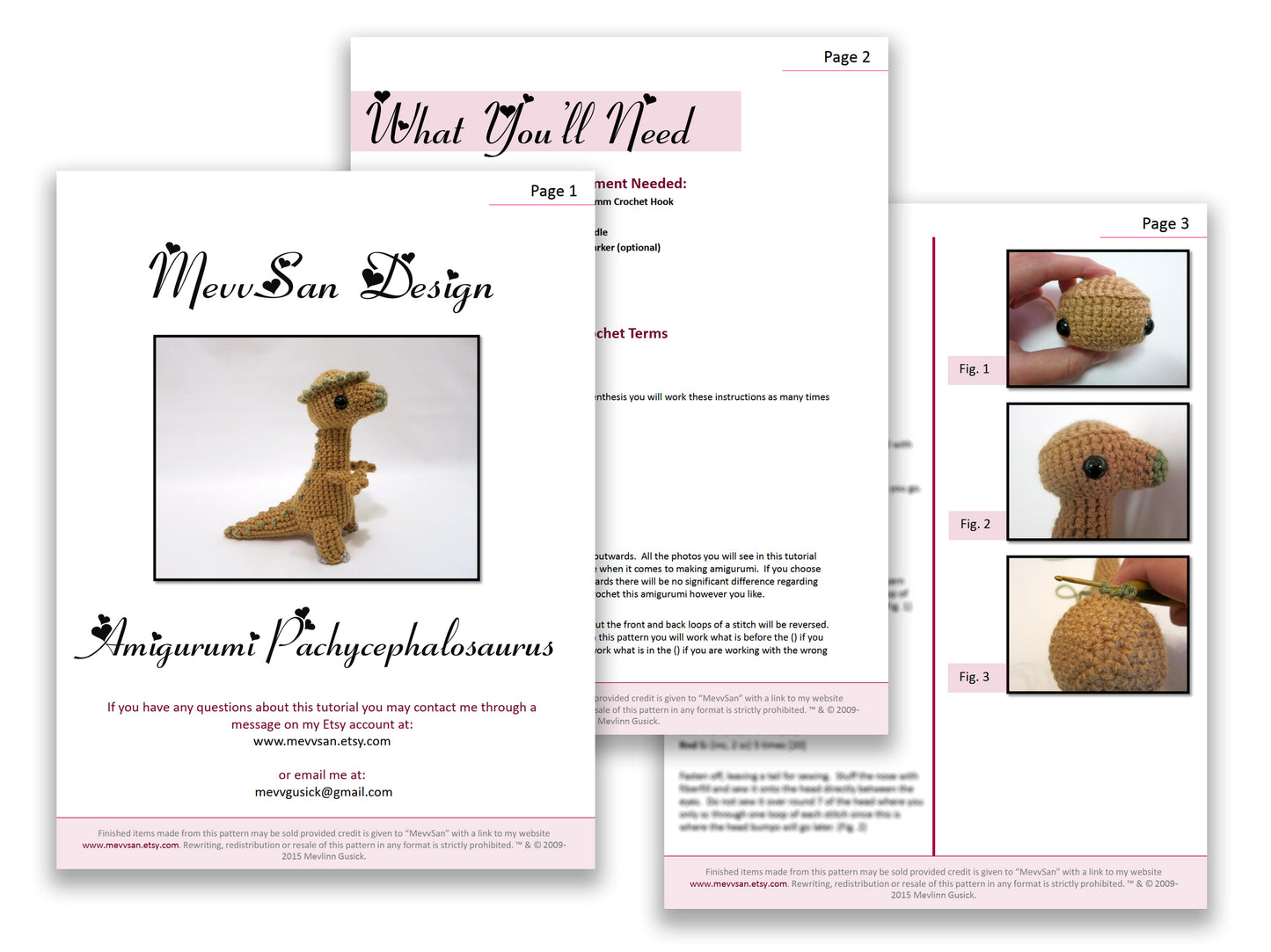 A preview of the first three pages of the PDF crochet pattern for the amigurumi pachycephalosaurus dinosaur