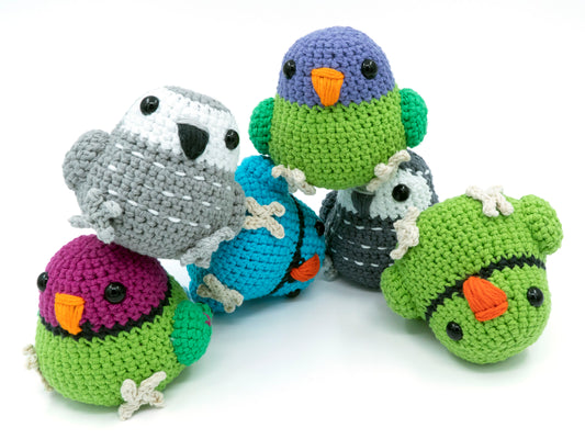 amigurumi crochet parrot pattern bundle with african grey plum-headed parakeet and indian ringneck