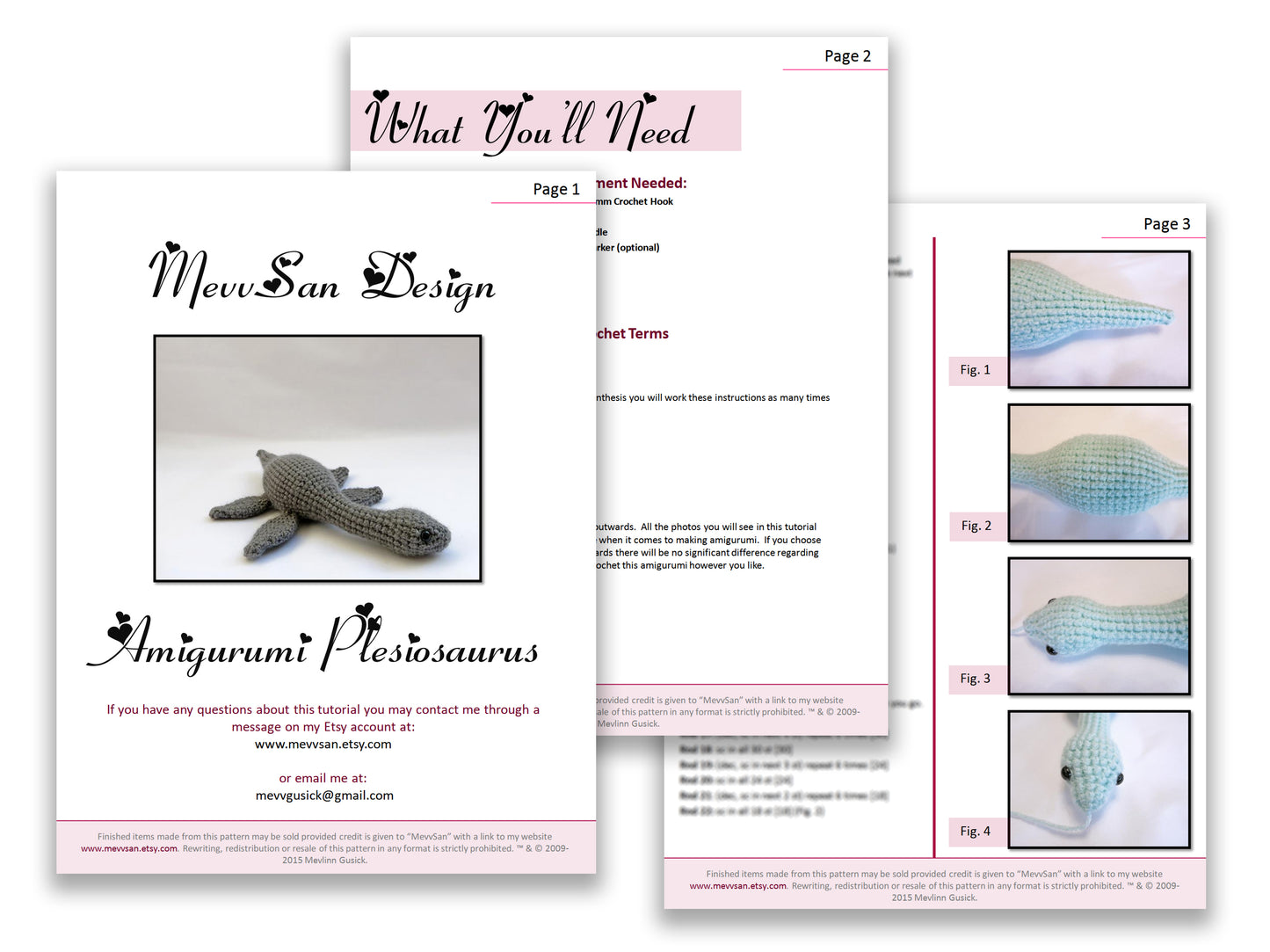 A preview of the first three pages of the PDF crochet pattern for the amigurumi plesiosaurus dinosaur