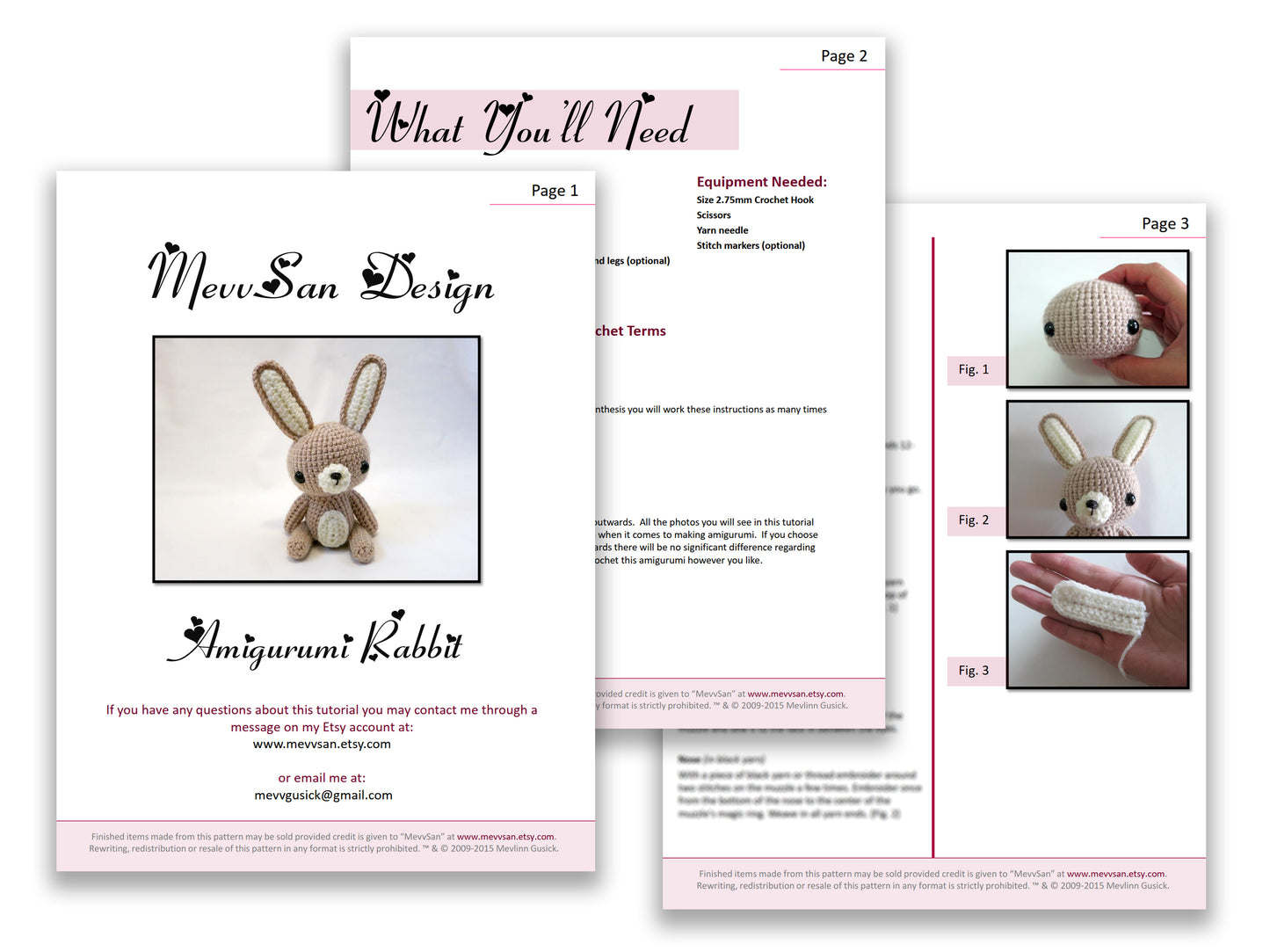 A preview of the first three pages of the PDF crochet pattern for the amigurumi rabbit