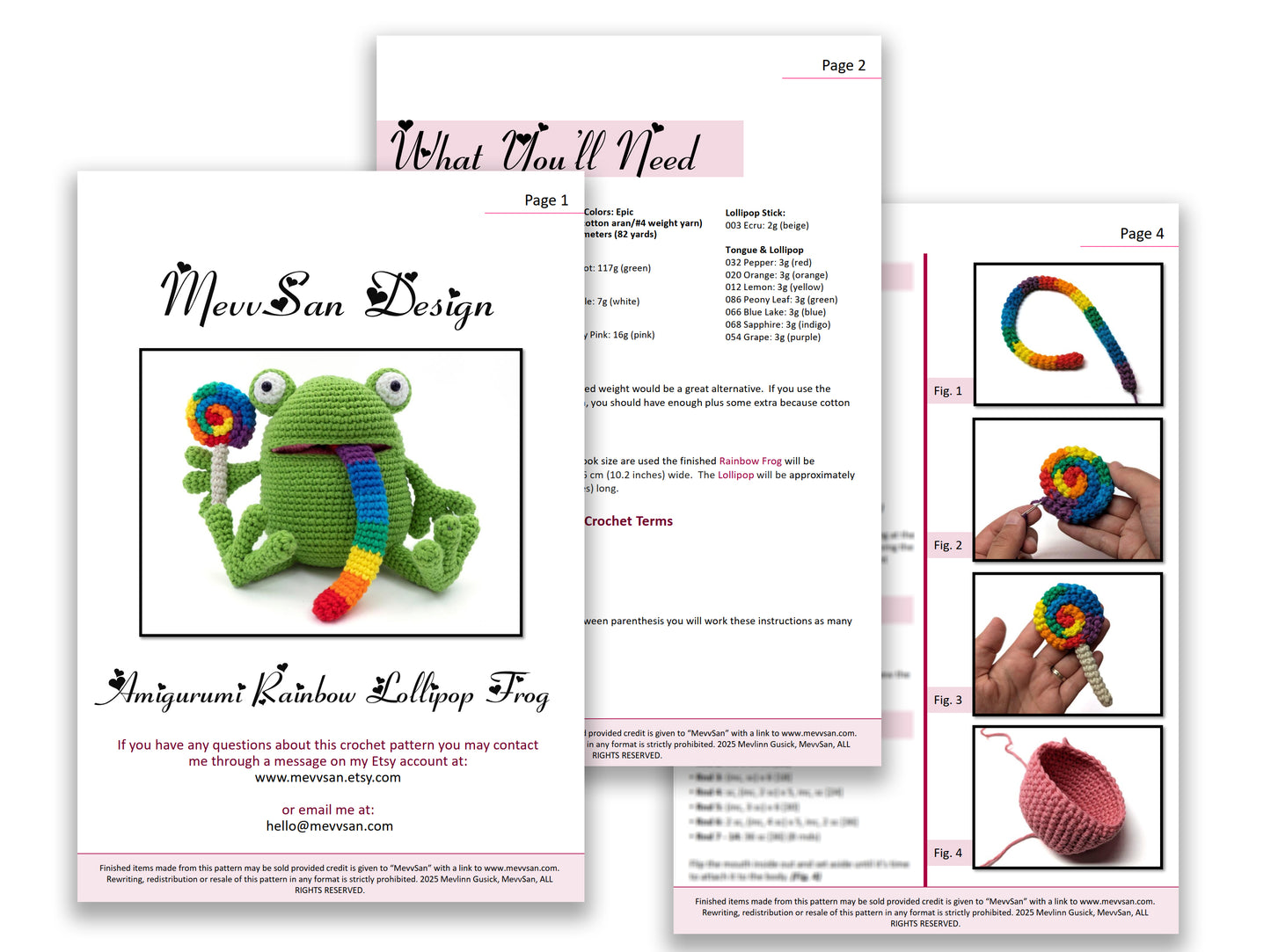 A preview of the first three pages of the PDF crochet pattern for the amigurumi rainbow lollipop frog