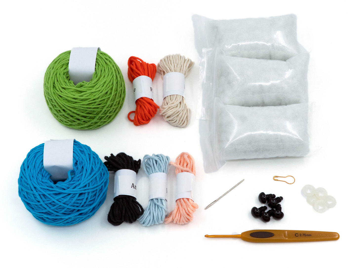 amigurumi crochet indian ringneck kit close up of crochet kit's content