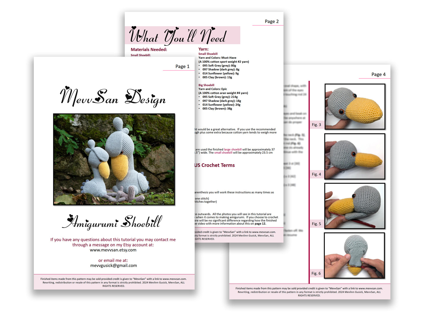 A preview of the first three pages of the PDF crochet pattern for the amigurumi shoebill stork