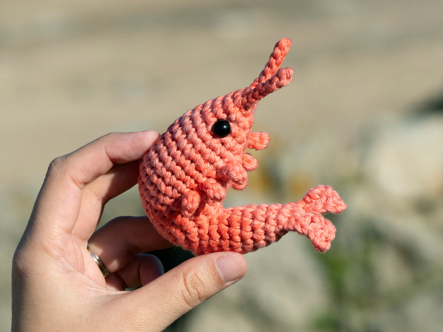 an amigurumi shellfish held in a hand on the beach