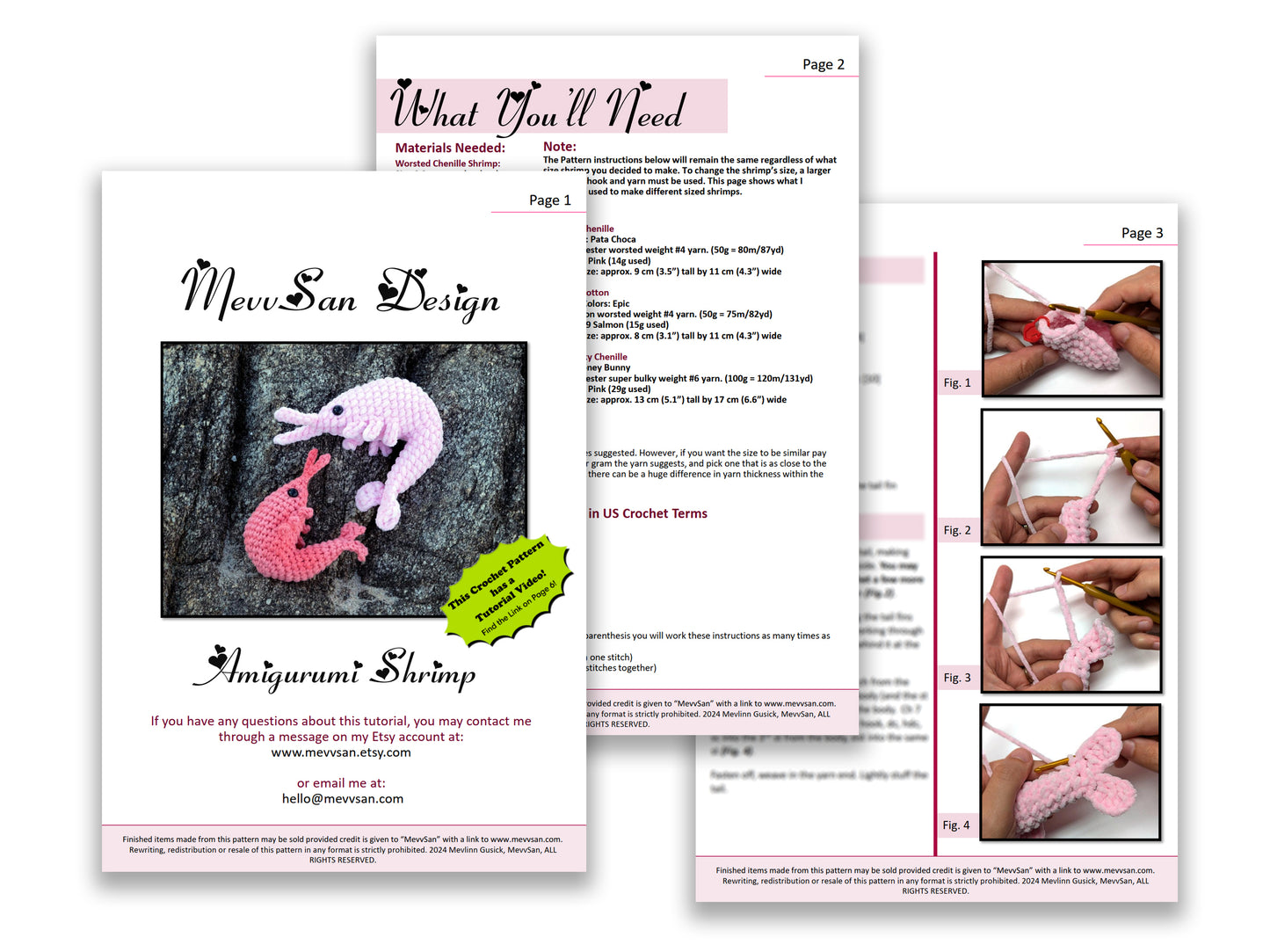 A preview of the first three pages of the PDF crochet pattern for the amigurumi shrimp