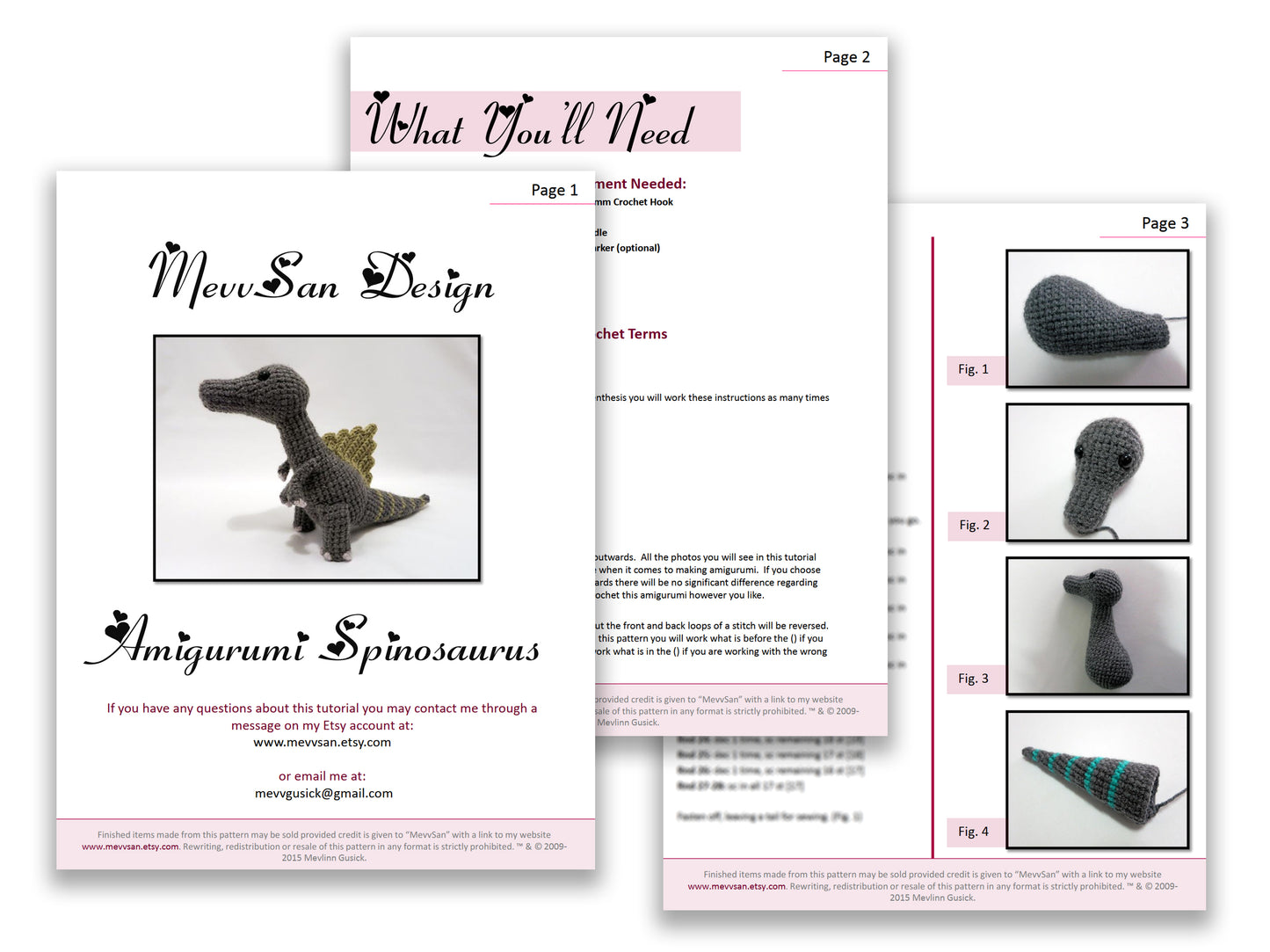 A preview of the first three pages of the PDF crochet pattern for the amigurumi spinosaurus dinosaur