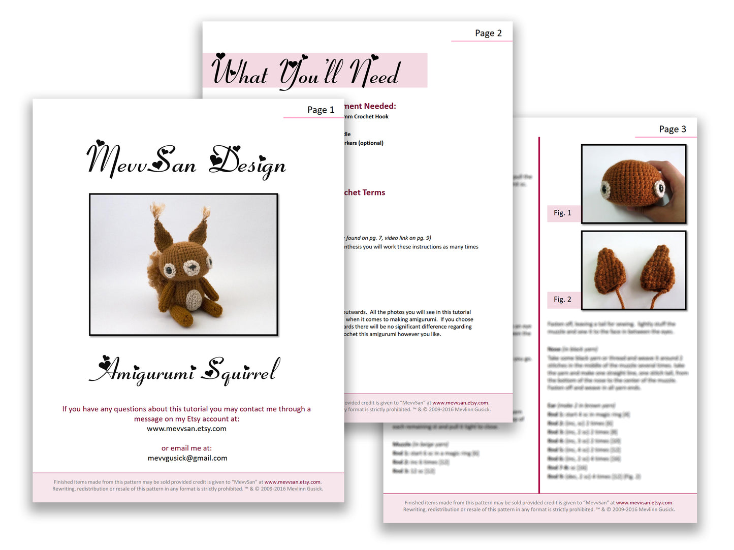 A preview of the first three pages of the PDF crochet pattern for the amigurumi squirrel