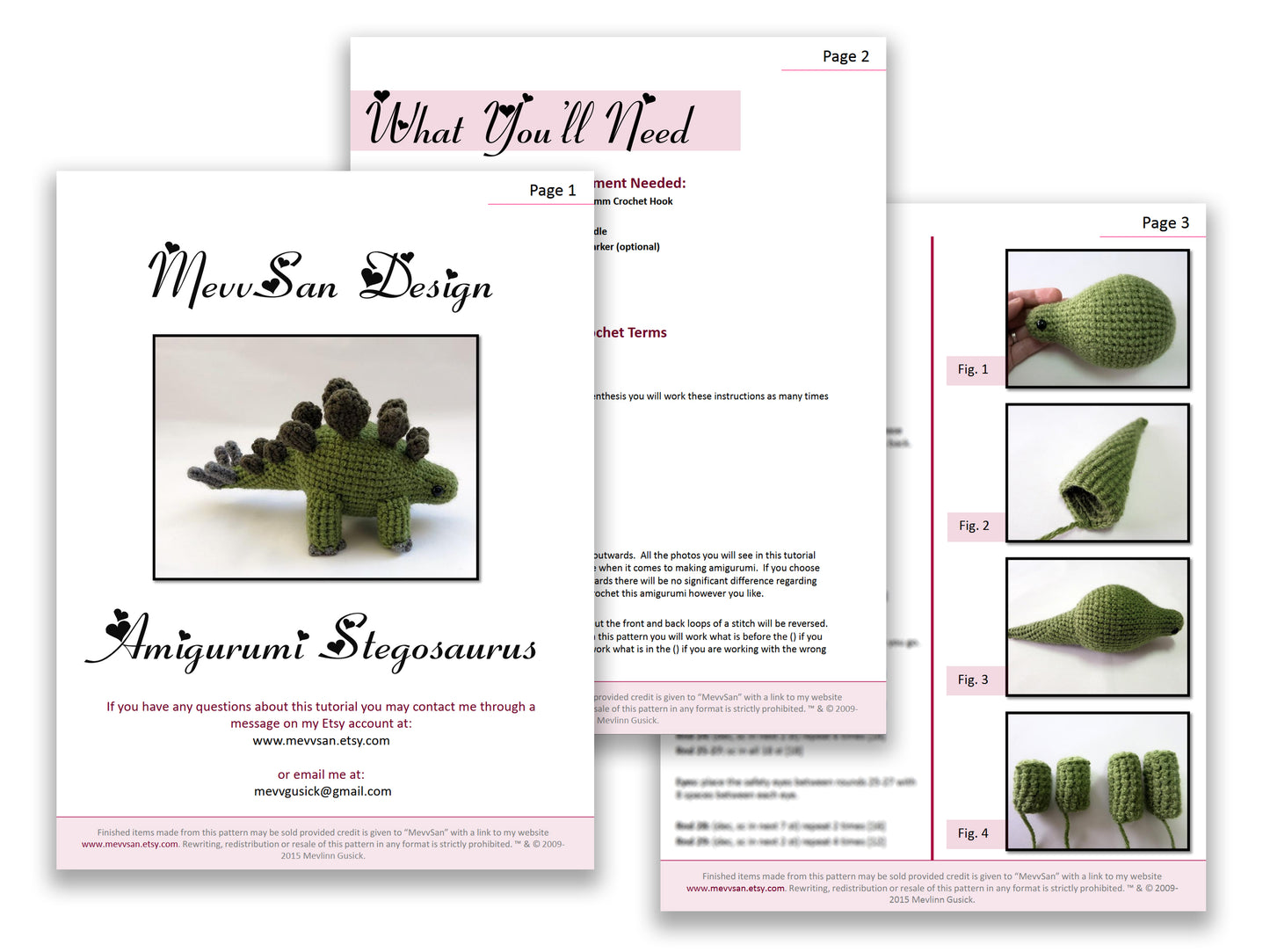 A preview of the first three pages of the PDF crochet pattern for the amigurumi stegosaurus dinosaur