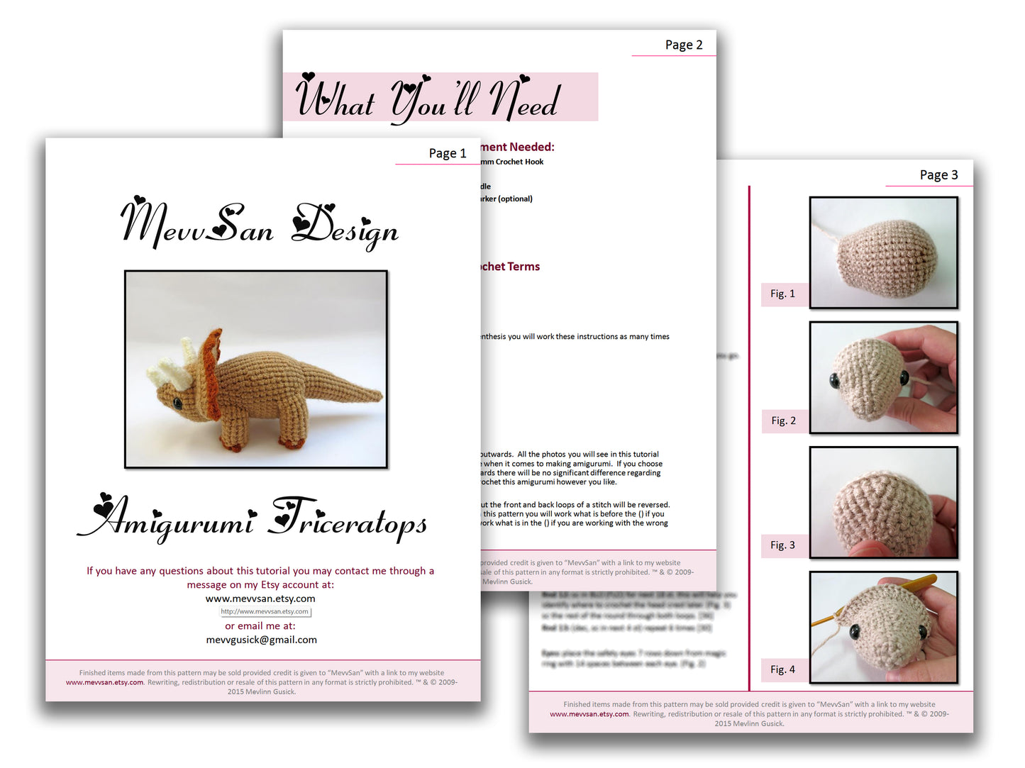 A preview of the first three pages of the PDF crochet pattern for the amigurumi triceratops dinosaur