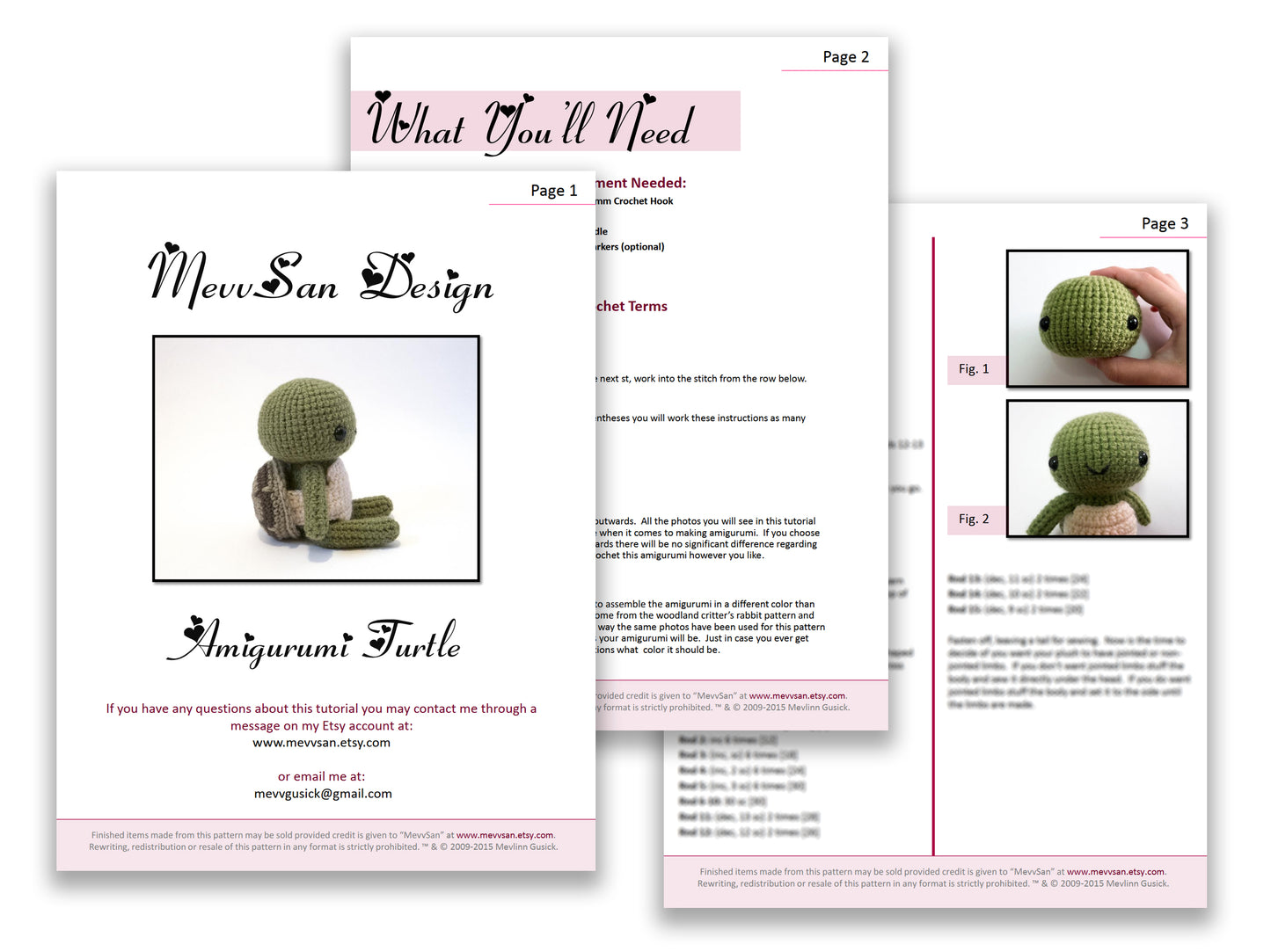 A preview of the first three pages of the PDF crochet pattern for the amigurumi turtle