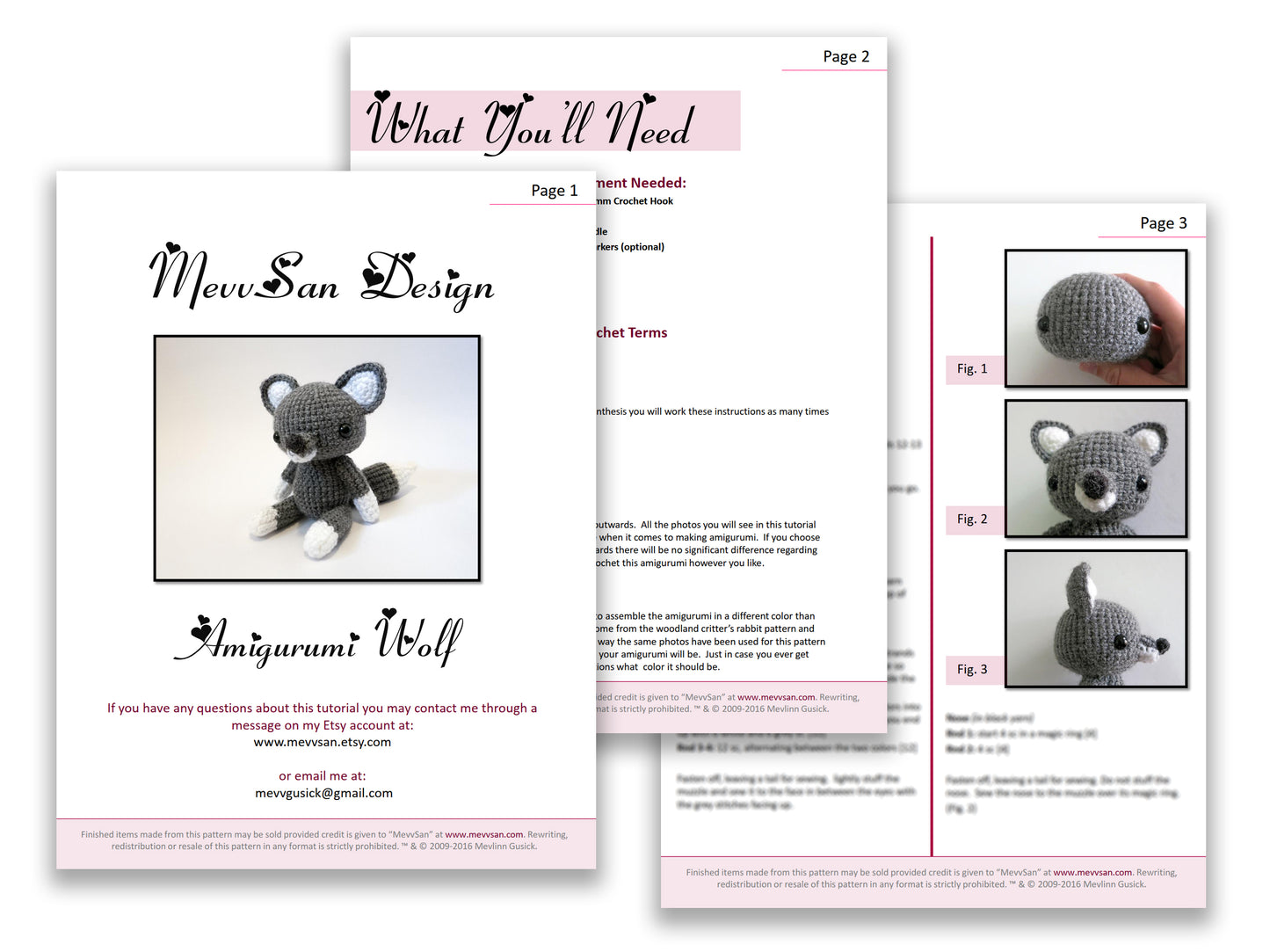 A preview of the first three pages of the PDF crochet pattern for the amigurumi wolf