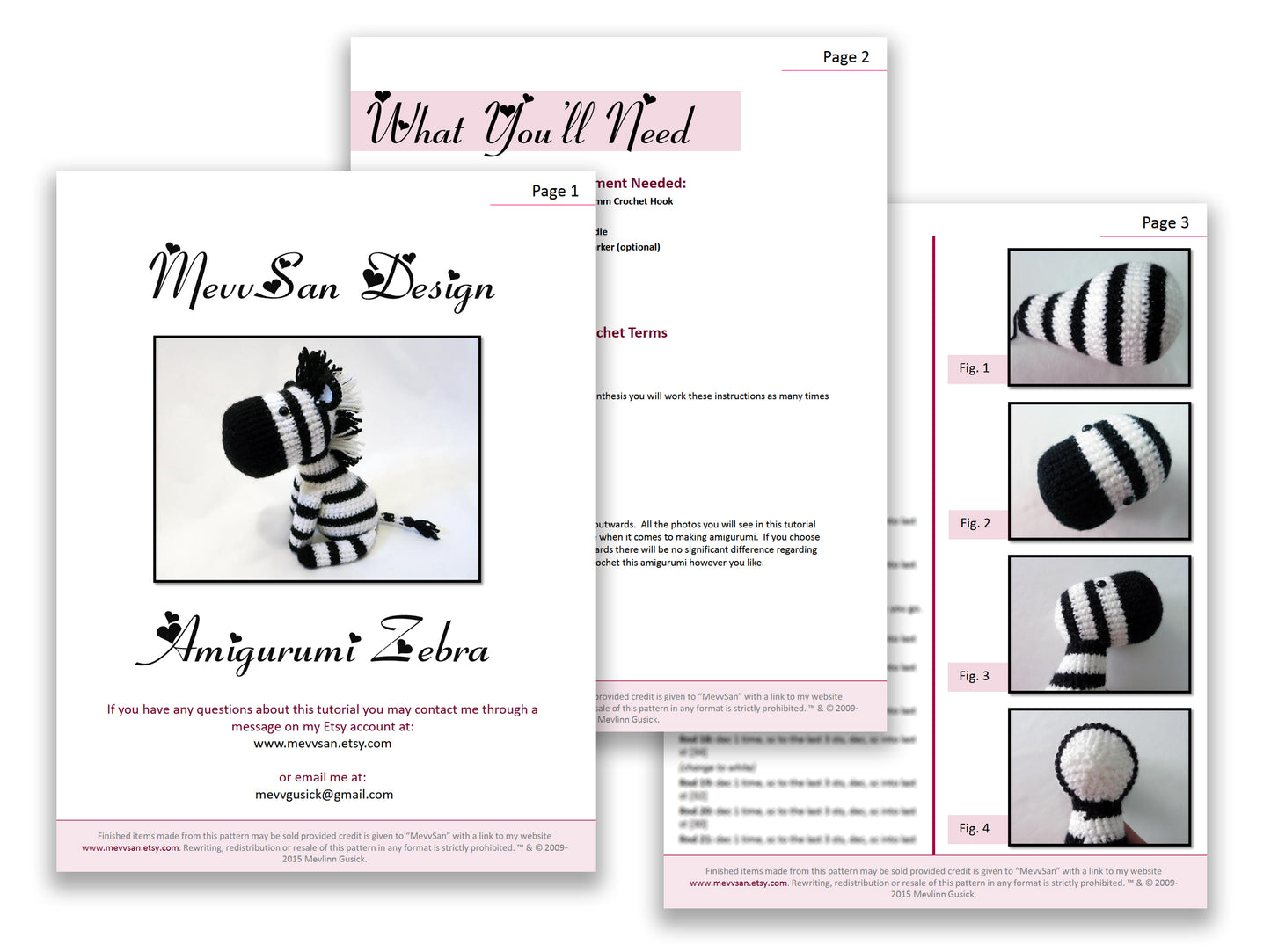 A preview of the first three pages of the PDF crochet pattern for the amigurumi zebra
