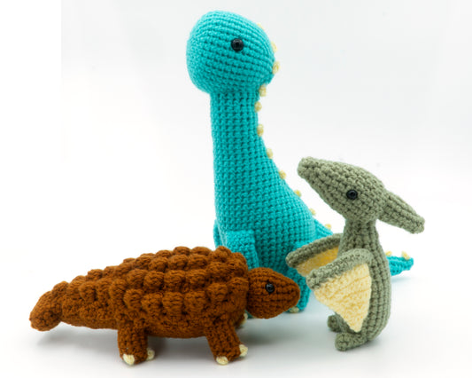 amigurumi crochet dinosaur pattern bundle with Brachiosaurus Pterodactyl and Ankylosaurus