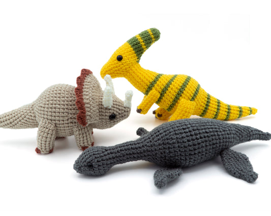 amigurumi crochet dinosaur pattern bundle with Triceratops Parasaurolophus and Plesiosaurus