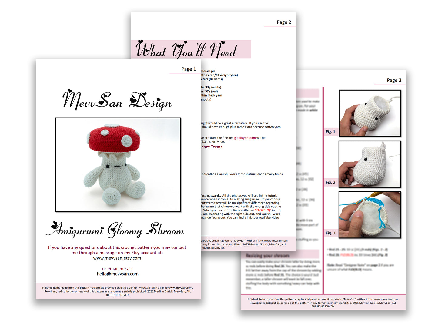 A preview of the first three pages of the PDF crochet pattern for the amigurumi gloomy shroom