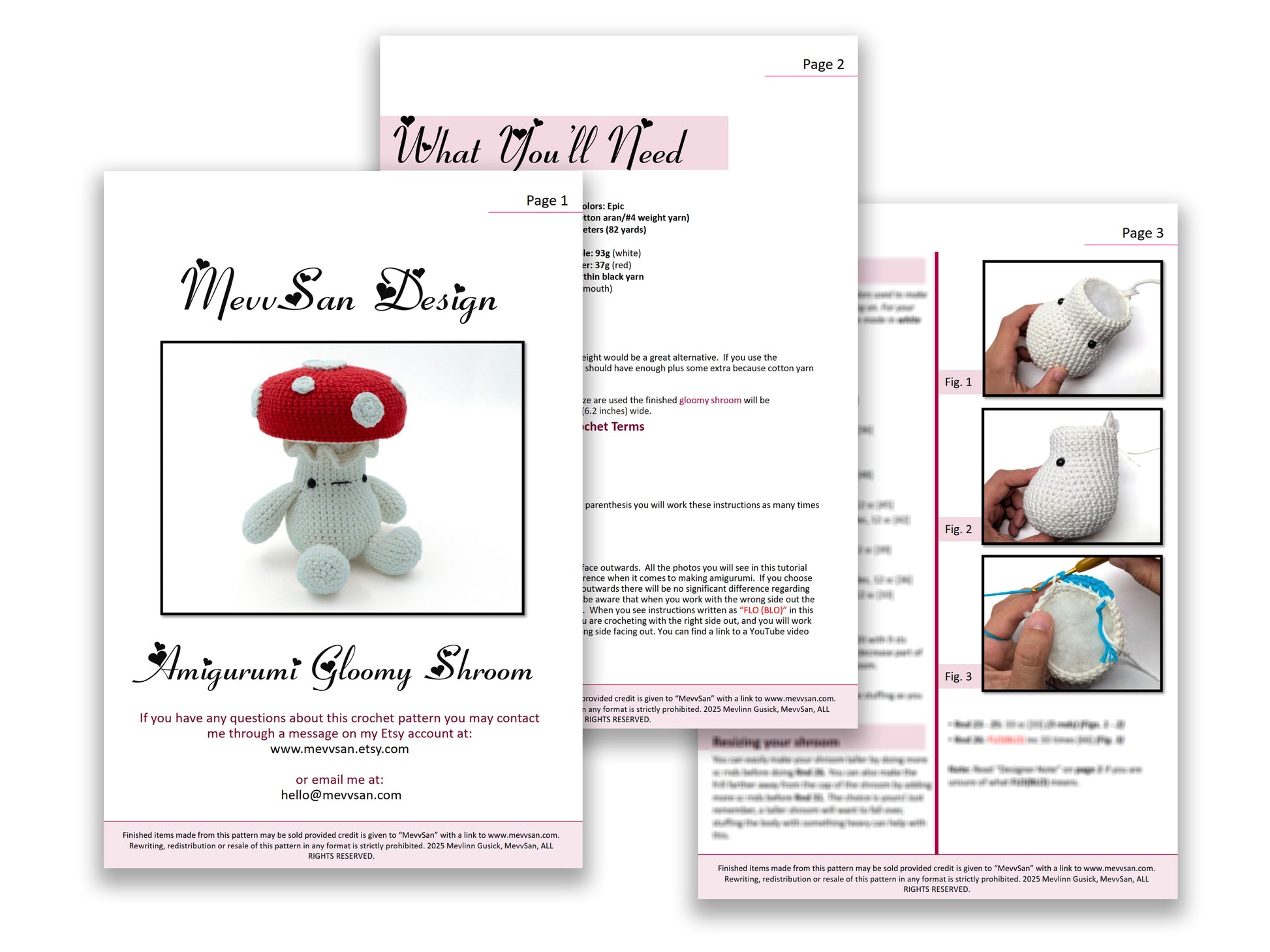 A preview of the first three pages of the PDF crochet pattern for the amigurumi gloomy shroom
