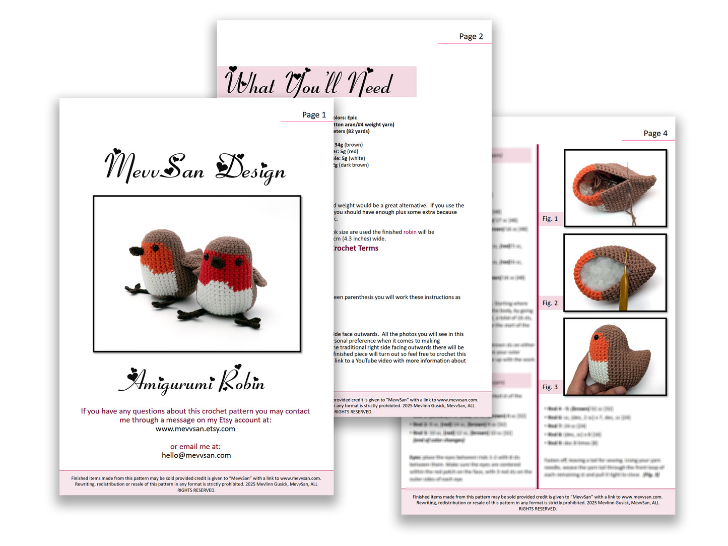 A preview of the first three pages of the PDF crochet pattern for the amigurumi robin