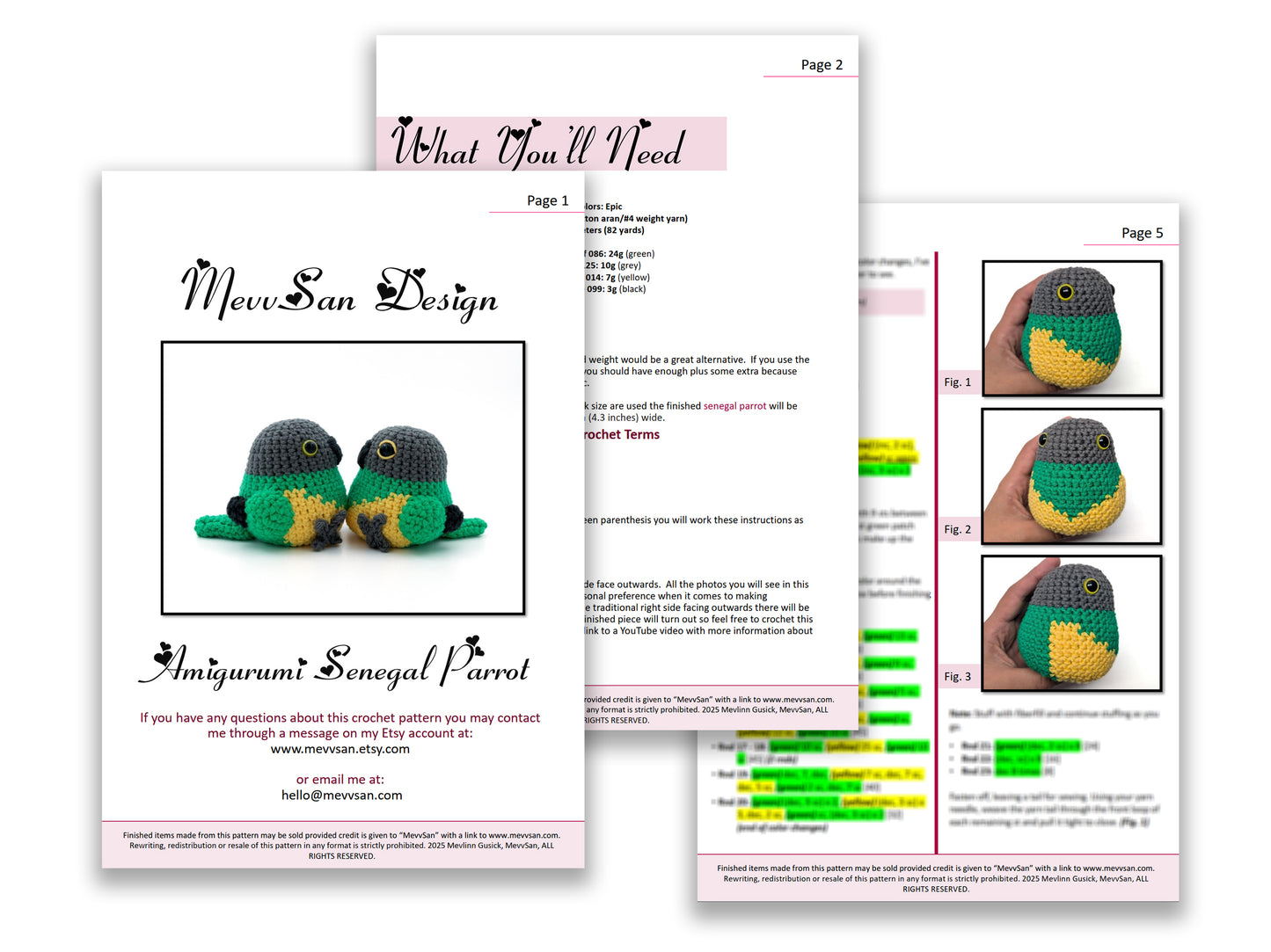 A preview of the first three pages of the PDF crochet pattern for the amigurumi senegal parrot