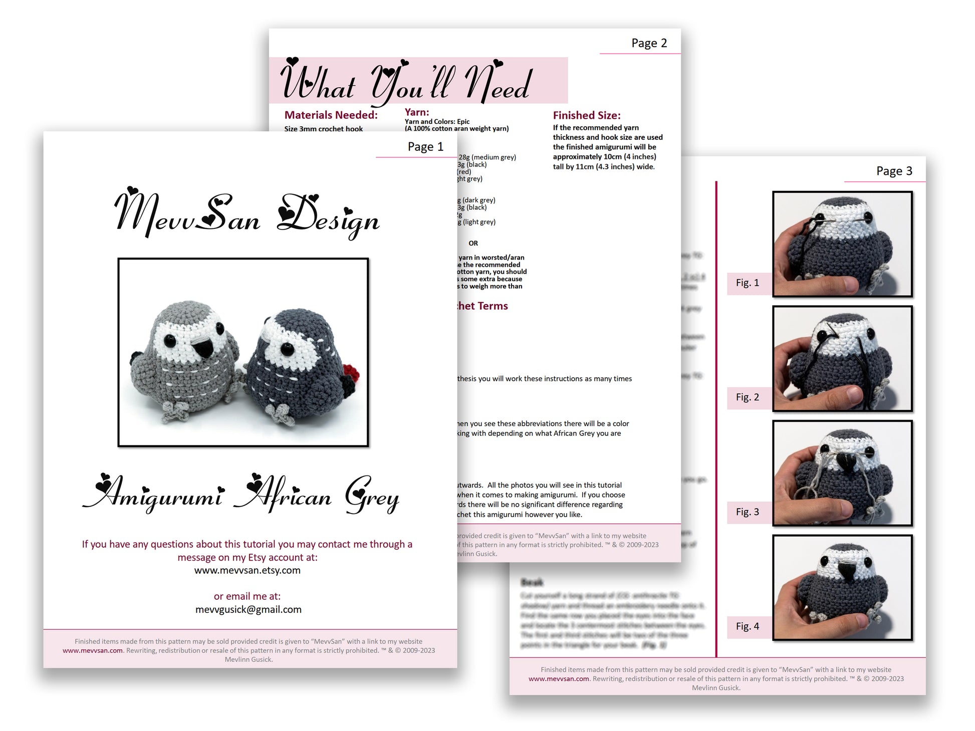 A preview of the first three pages of the PDF crochet pattern for the amigurumi african grey parrot