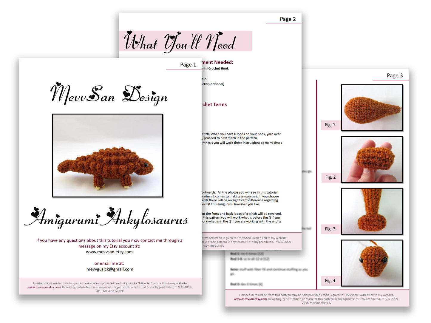A preview of the first three pages of the PDF crochet pattern for the amigurumi ankylosaurus dinosaur