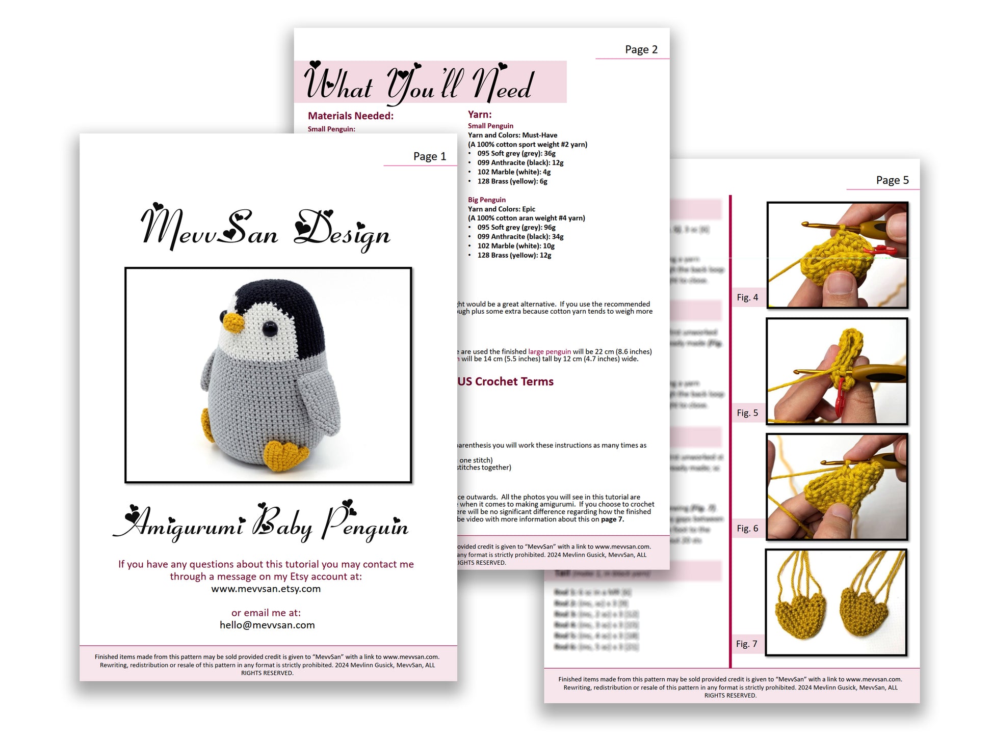 A preview of the first three pages of the PDF crochet pattern for the amigurumi baby penguin