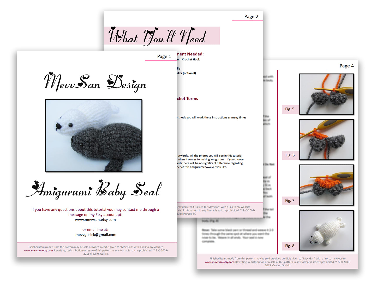A preview of the first three pages of the PDF crochet pattern for the amigurumi  baby seal