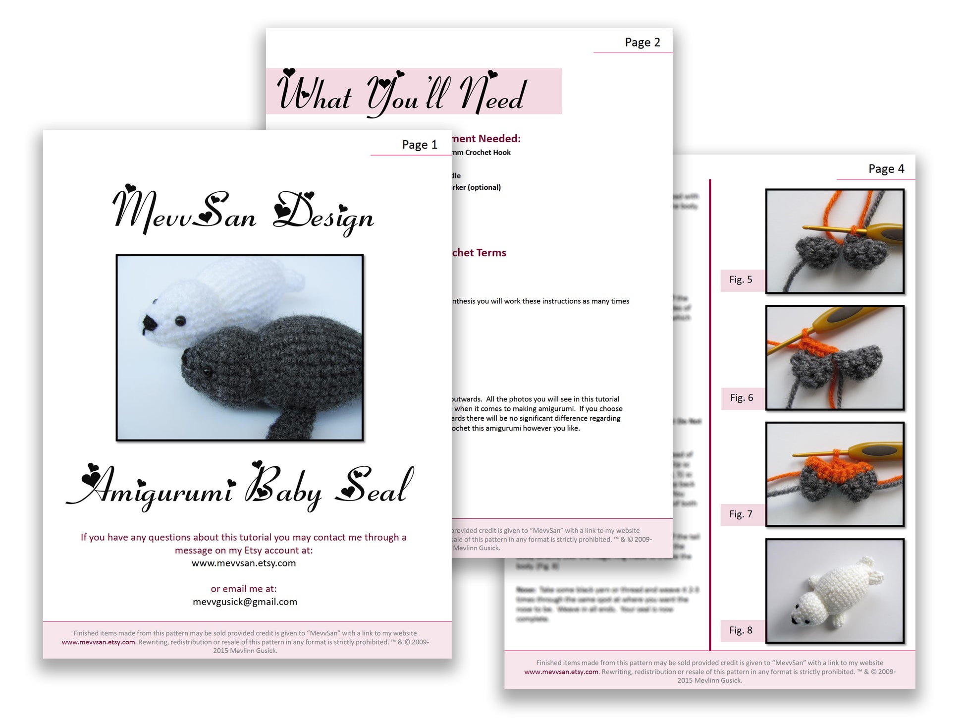 A preview of the first three pages of the PDF crochet pattern for the amigurumi  baby seal