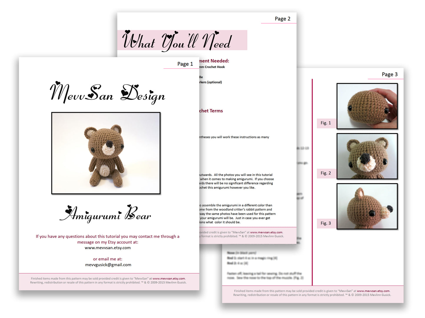 A preview of the first three pages of the PDF crochet pattern for the amigurumi bear